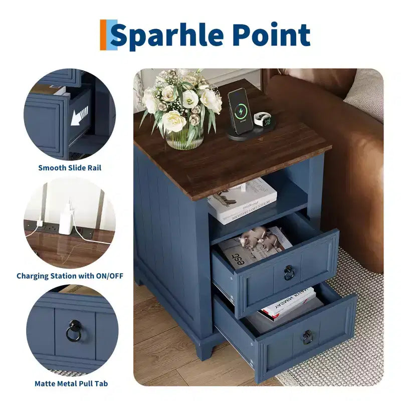 18 Fluted Wood Nightstand,Modern 2-Drawer Bedside Table with Charging Station & Shelf, Blue End Table for Bedroom, Office, Dorm