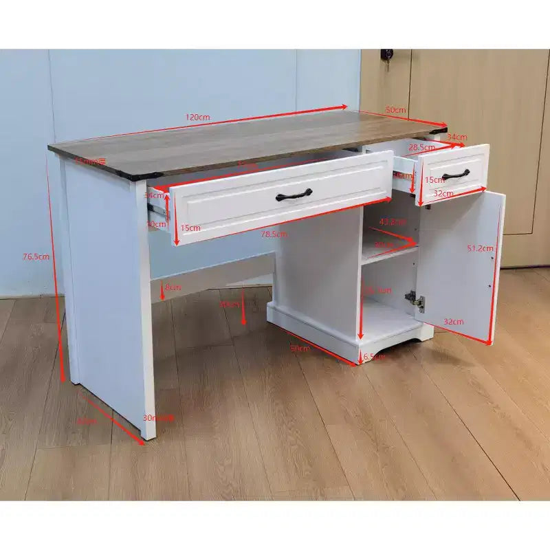 47-Inch White Computer Desk with 2 Drawers & Cabinet, Rectangle Writing Study Table for Home Office, Large Workstation with Storage