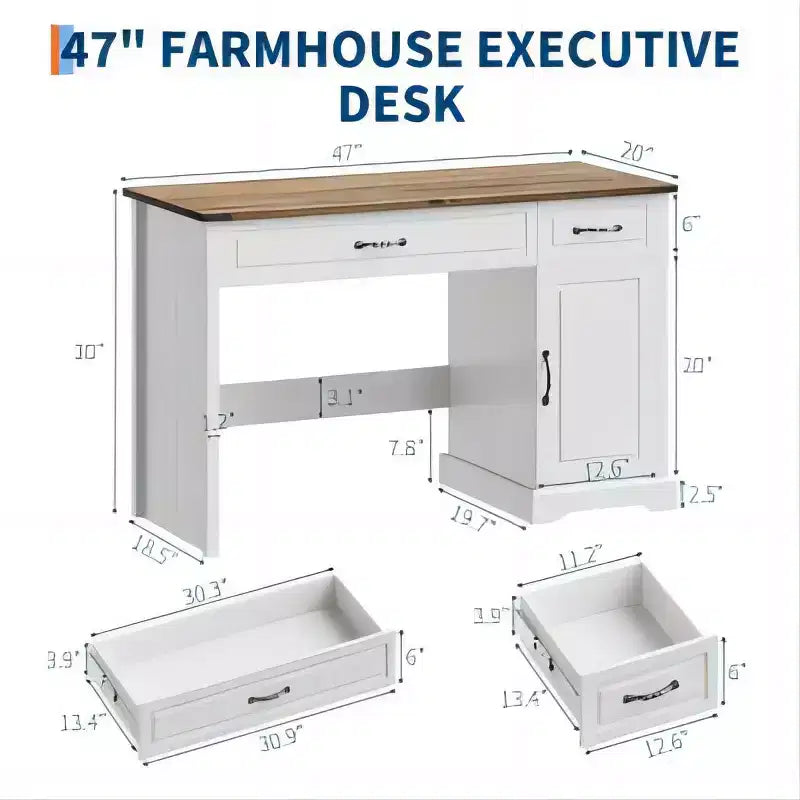 47-Inch White Computer Desk with 2 Drawers & Cabinet, Rectangle Writing Study Table for Home Office, Large Workstation with Storage