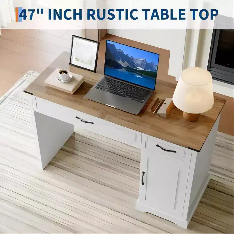 47-Inch White Computer Desk with 2 Drawers & Cabinet, Rectangle Writing Study Table for Home Office, Large Workstation with Storage
