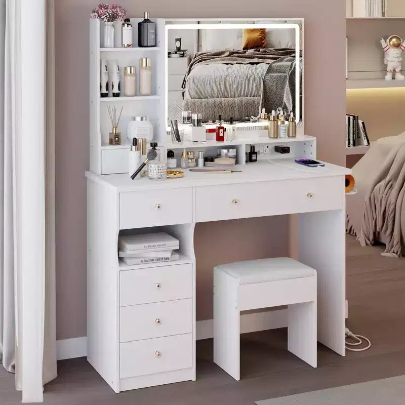 Okak 41 Makeup Desk with Cushioned Stool, Vanity Table with 2 AC+2 USB Power Station & Hair Dryer Stand, Vanity Desk with Mirror for Home