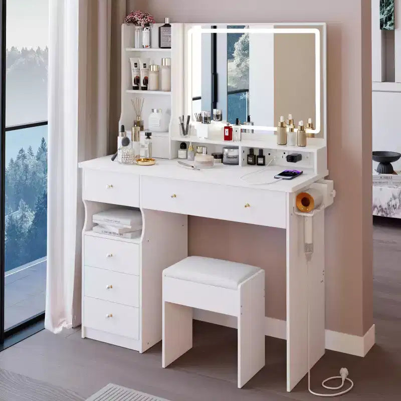 Okak 41 Makeup Desk with Cushioned Stool, Vanity Table with 2 AC+2 USB Power Station & Hair Dryer Stand, Vanity Desk with Mirror for Home