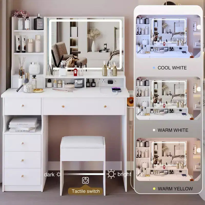 Okak 41 Makeup Desk with Cushioned Stool, Vanity Table with 2 AC+2 USB Power Station & Hair Dryer Stand, Vanity Desk with Mirror for Home