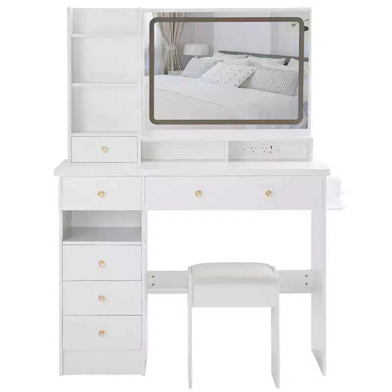 Okak 41 Makeup Desk with Cushioned Stool, Vanity Table with 2 AC+2 USB Power Station & Hair Dryer Stand, Vanity Desk with Mirror for Home