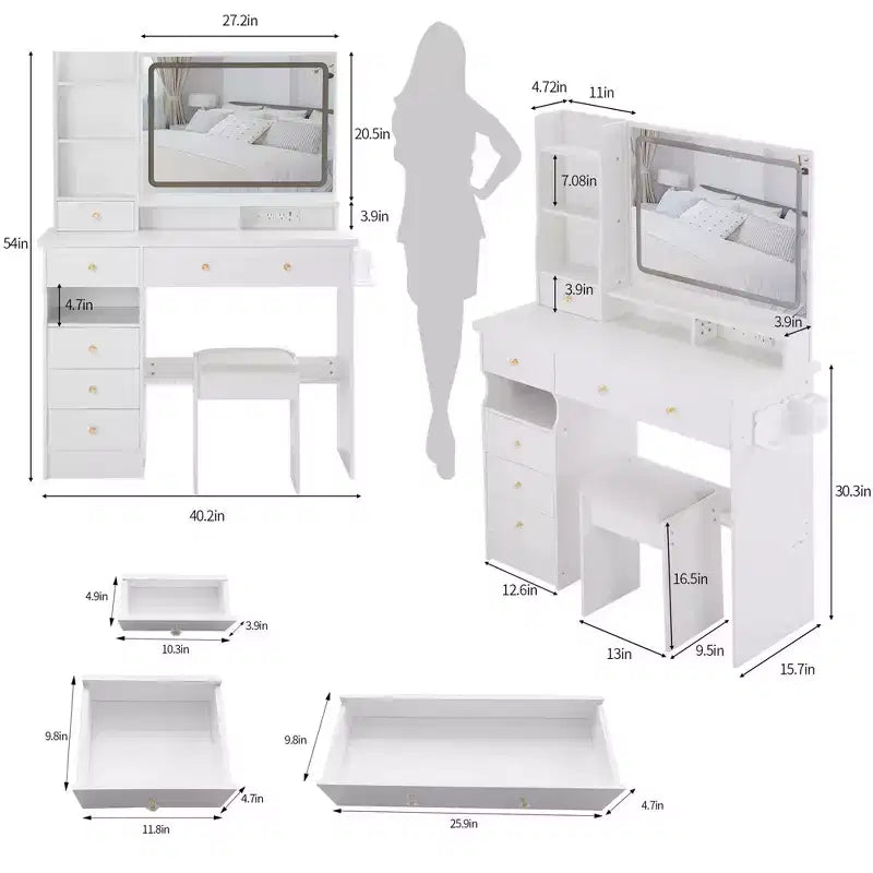 Okak 41 Makeup Desk with Cushioned Stool, Vanity Table with 2 AC+2 USB Power Station & Hair Dryer Stand, Vanity Desk with Mirror for Home
