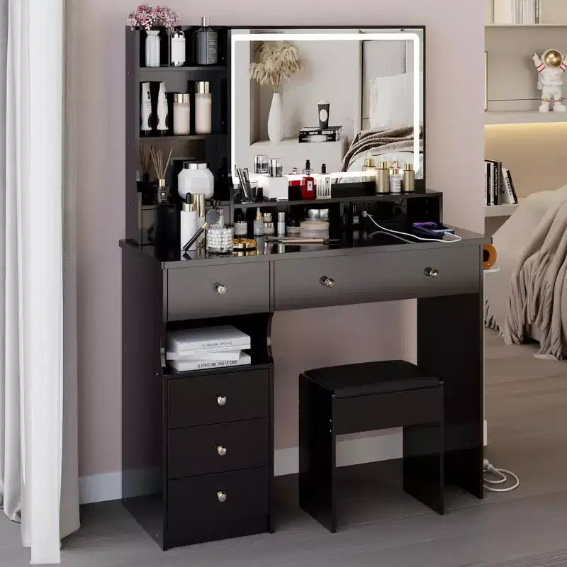 Okak 41 Makeup Desk with Cushioned Stool, Vanity Table with 2 AC+2 USB Power Station & Hair Dryer Stand, Vanity Desk with Mirror for Home