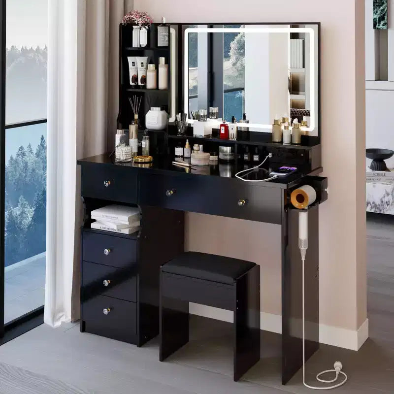 Okak 41 Makeup Desk with Cushioned Stool, Vanity Table with 2 AC+2 USB Power Station & Hair Dryer Stand, Vanity Desk with Mirror for Home
