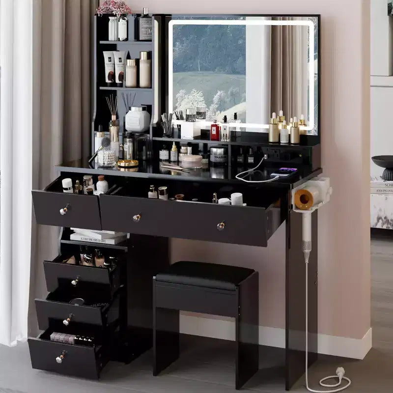Okak 41 Makeup Desk with Cushioned Stool, Vanity Table with 2 AC+2 USB Power Station & Hair Dryer Stand, Vanity Desk with Mirror for Home