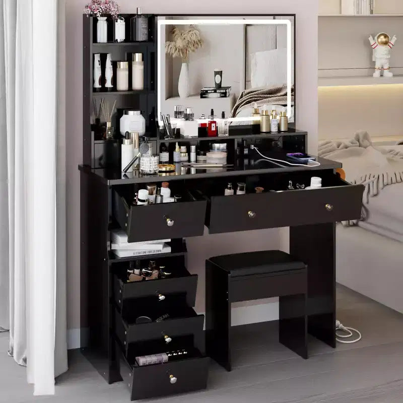 Okak 41 Makeup Desk with Cushioned Stool, Vanity Table with 2 AC+2 USB Power Station & Hair Dryer Stand, Vanity Desk with Mirror for Home