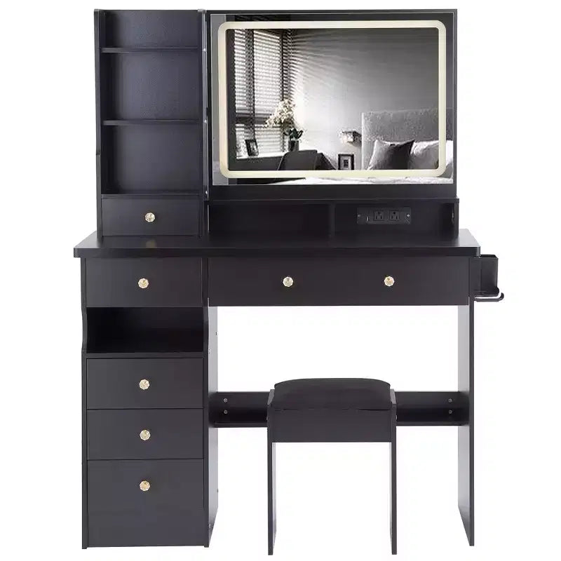 Okak 41 Makeup Desk with Cushioned Stool, Vanity Table with 2 AC+2 USB Power Station & Hair Dryer Stand, Vanity Desk with Mirror for Home