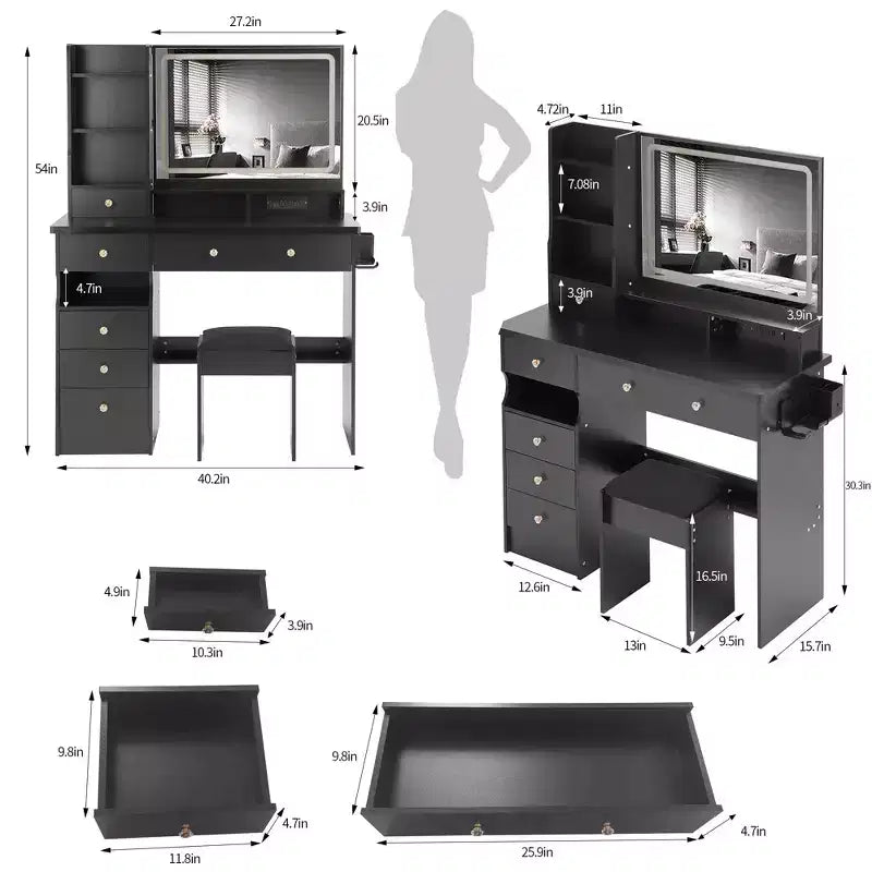 Okak 41 Makeup Desk with Cushioned Stool, Vanity Table with 2 AC+2 USB Power Station & Hair Dryer Stand, Vanity Desk with Mirror for Home