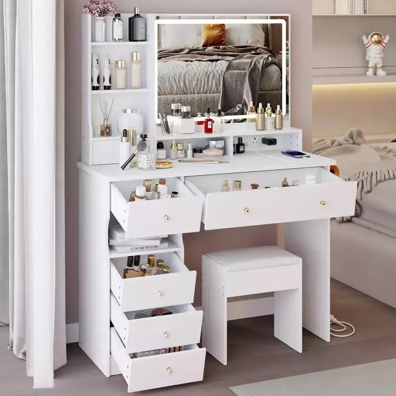 Okak 41 Makeup Desk with Cushioned Stool, Vanity Table with 2 AC+2 USB Power Station & Hair Dryer Stand, Vanity Desk with Mirror for Home