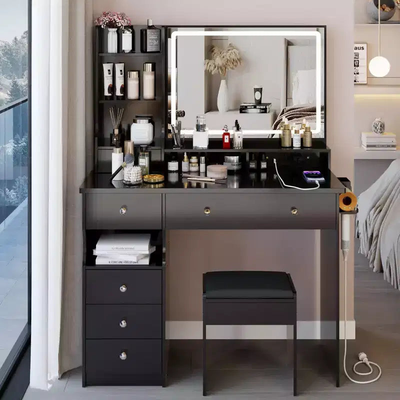 Okak 41 Makeup Desk with Cushioned Stool, Vanity Table with 2 AC+2 USB Power Station & Hair Dryer Stand, Vanity Desk with Mirror for Home