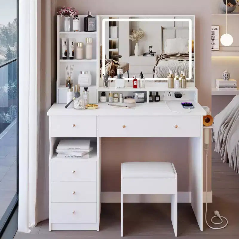 Okak 41 Table de maquillage avec tabouret rembourré, coiffeuse avec 2 prises CA + 2 ports USB et support pour sèche-cheveux, coiffeuse avec miroir pour la maison