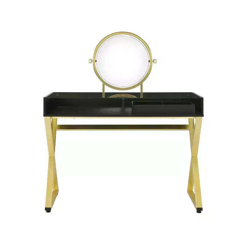 Okak Elegent Vanity Desk with X-Shape Legs and Jewelry Tray, Makeup Vanity with Round Mirror, Dressing Table for Living Room, Bedroom, Black+Gold
