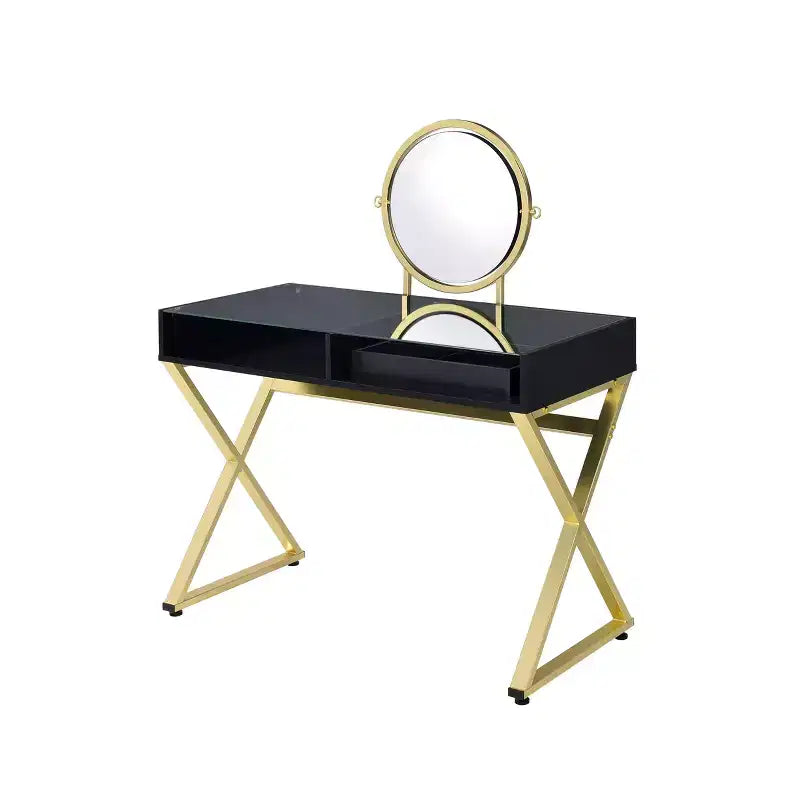 Okak Elegent Vanity Desk with X-Shape Legs and Jewelry Tray, Makeup Vanity with Round Mirror, Dressing Table for Living Room, Bedroom, Black+Gold