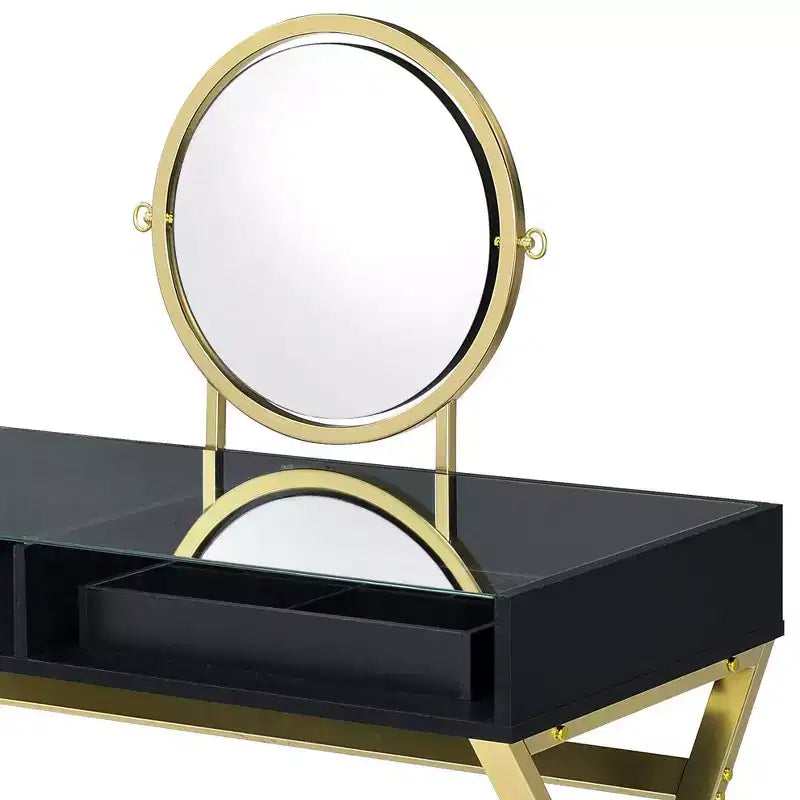 Okak Elegent Vanity Desk with X-Shape Legs and Jewelry Tray, Makeup Vanity with Round Mirror, Dressing Table for Living Room, Bedroom, Black+Gold
