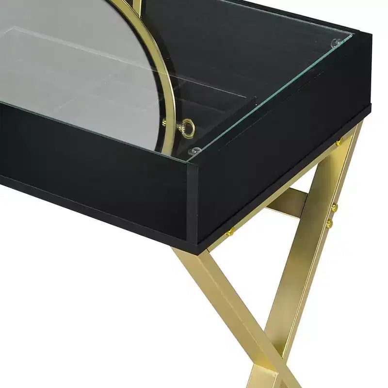 Okak Elegent Vanity Desk with X-Shape Legs and Jewelry Tray, Makeup Vanity with Round Mirror, Dressing Table for Living Room, Bedroom, Black+Gold