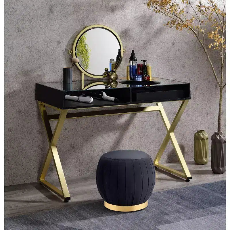 Okak Elegent Vanity Desk with X-Shape Legs and Jewelry Tray, Makeup Vanity with Round Mirror, Dressing Table for Living Room, Bedroom, Black+Gold