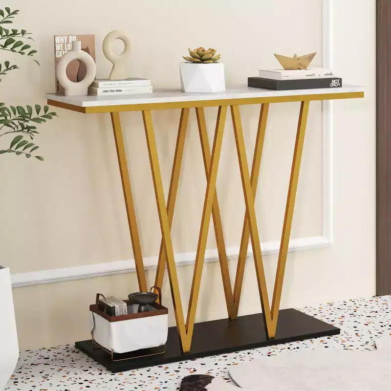 Costway 40 Gold Entryway Table with Faux Marble Table & Metal Frame, Storage Base, White