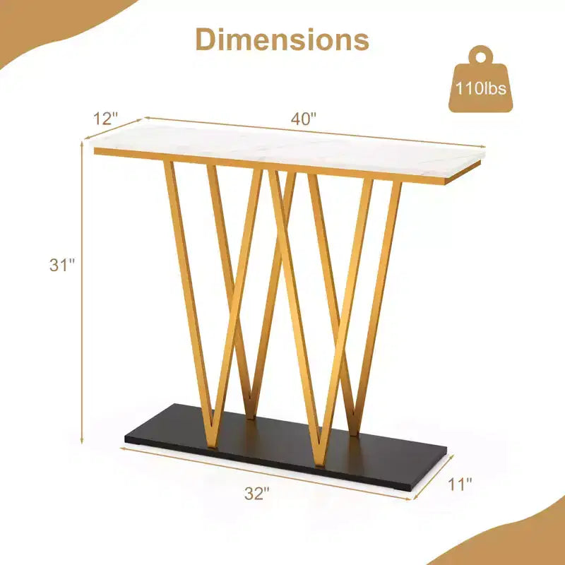 Costway 40 Gold Entryway Table with Faux Marble Table & Metal Frame, Storage Base, White