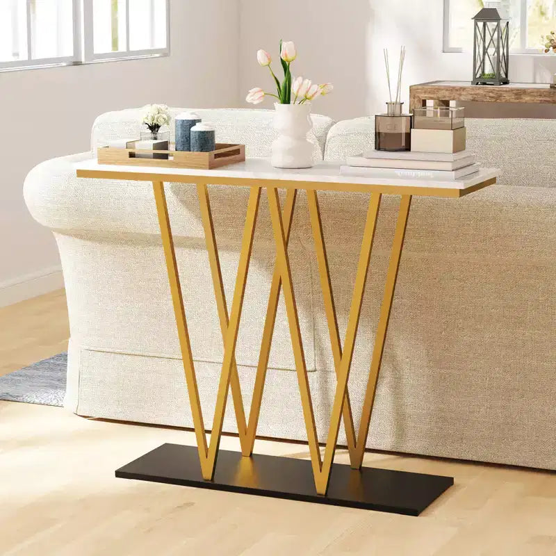 Costway 40 Gold Entryway Table with Faux Marble Table & Metal Frame, Storage Base, White