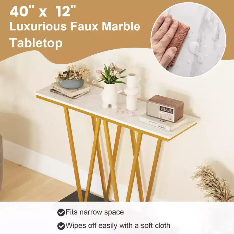 Costway 40 Gold Entryway Table with Faux Marble Table & Metal Frame, Storage Base, White