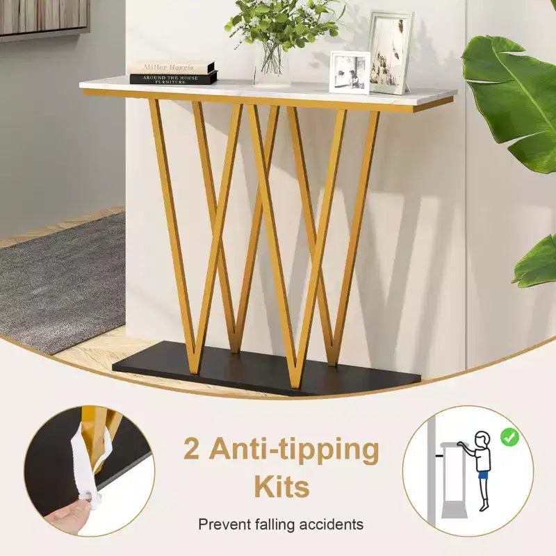 Costway 40 Gold Entryway Table with Faux Marble Table & Metal Frame, Storage Base, White