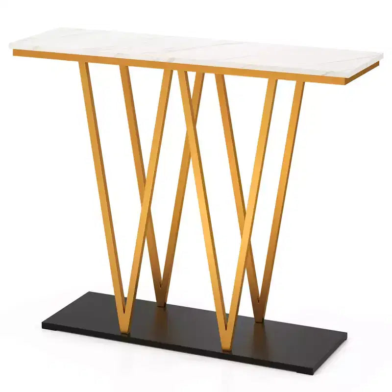 Costway 40 Gold Entryway Table with Faux Marble Table & Metal Frame, Storage Base, White