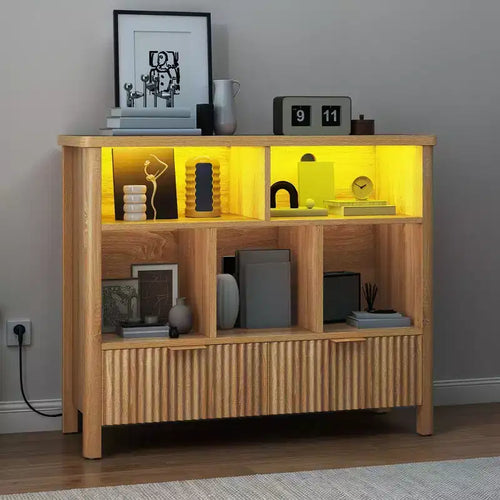 Bibliothèque 5 cubes avec lumière LED, étagère moderne à 3 niveaux avec tiroirs pour bureau à domicile