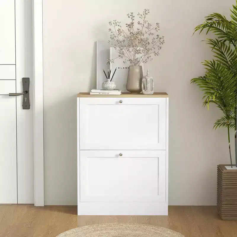 HOMCOM Slim Shoe Cabinet for Entryway, Modern Hidden Shoe Storage Cabinet with 2 Flip Drawers and Adjustable Shelves for 8-12 Pairs of Shoes