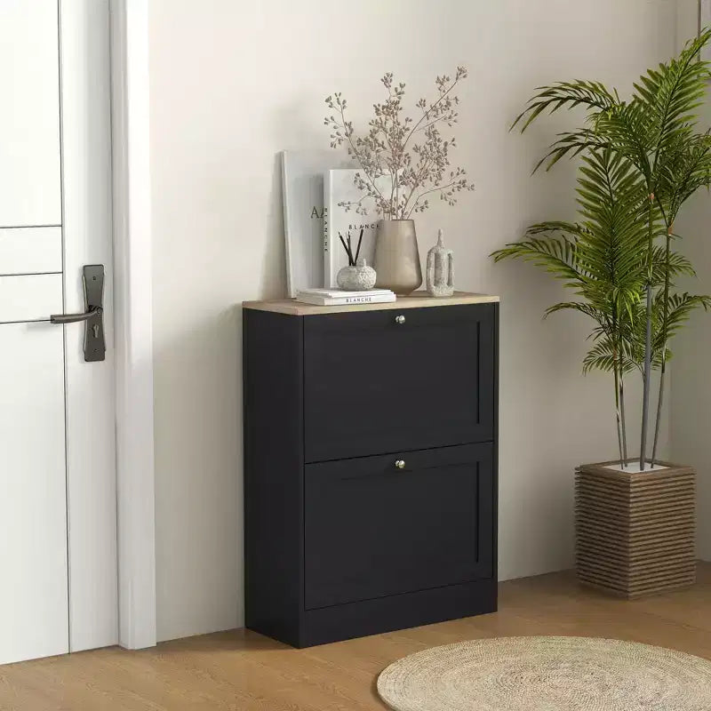HOMCOM Slim Shoe Cabinet for Entryway, Modern Hidden Shoe Storage Cabinet with 2 Flip Drawers and Adjustable Shelves for 8-12 Pairs of Shoes