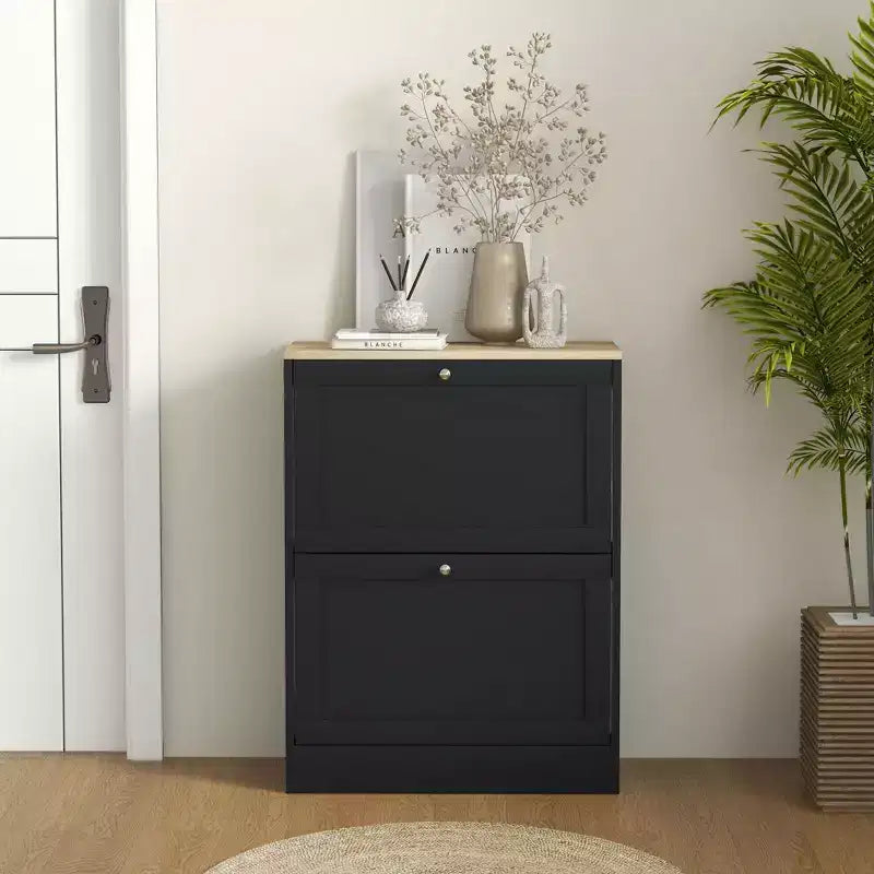 HOMCOM Slim Shoe Cabinet for Entryway, Modern Hidden Shoe Storage Cabinet with 2 Flip Drawers and Adjustable Shelves for 8-12 Pairs of Shoes