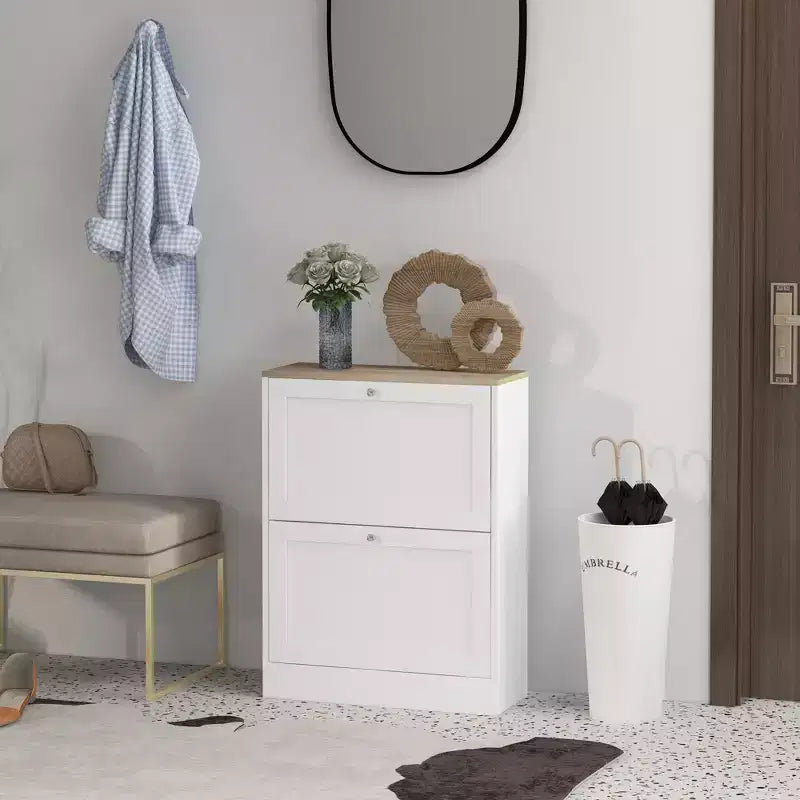 HOMCOM Slim Shoe Cabinet for Entryway, Modern Hidden Shoe Storage Cabinet with 2 Flip Drawers and Adjustable Shelves for 8-12 Pairs of Shoes