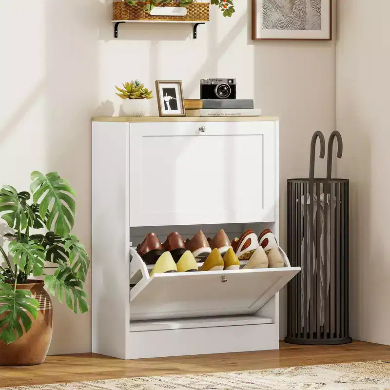 HOMCOM Slim Shoe Cabinet for Entryway, Modern Hidden Shoe Storage Cabinet with 2 Flip Drawers and Adjustable Shelves for 8-12 Pairs of Shoes