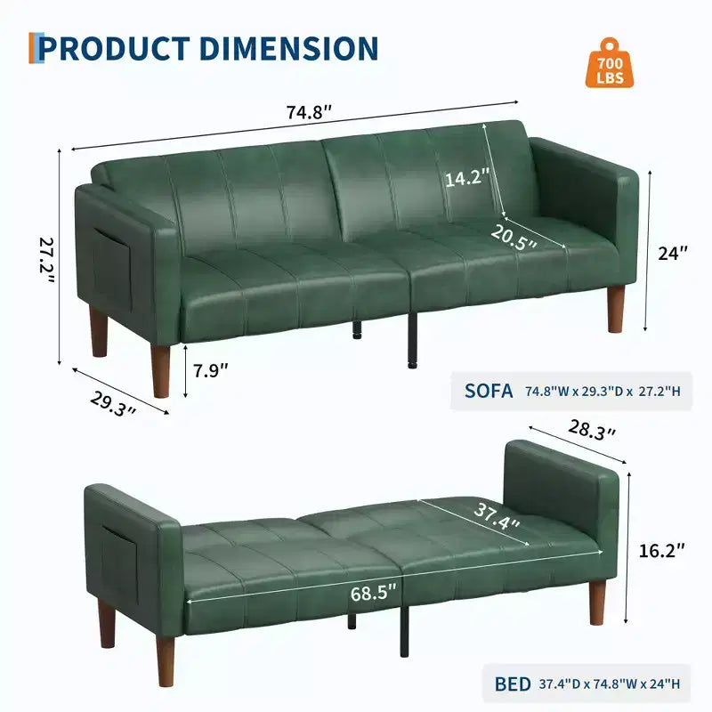 75 PU Leather Futon Sofa Bed,Convertible Loveseat, Adjustable Backrest, Side Pockets, Space-Saving Sleeper Sofa