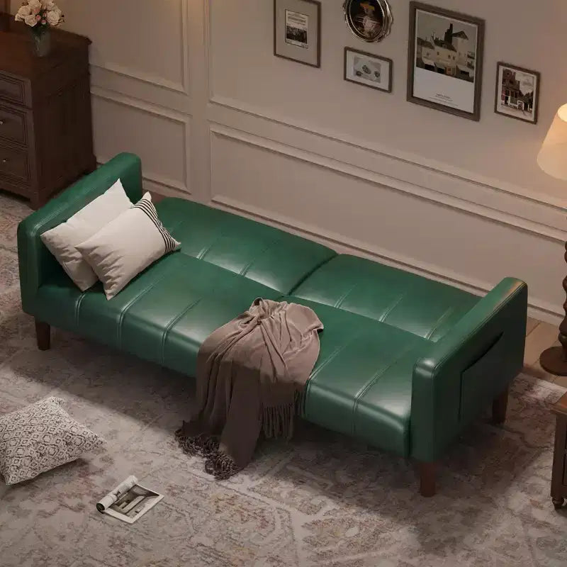 75 PU Leather Futon Sofa Bed,Convertible Loveseat, Adjustable Backrest, Side Pockets, Space-Saving Sleeper Sofa