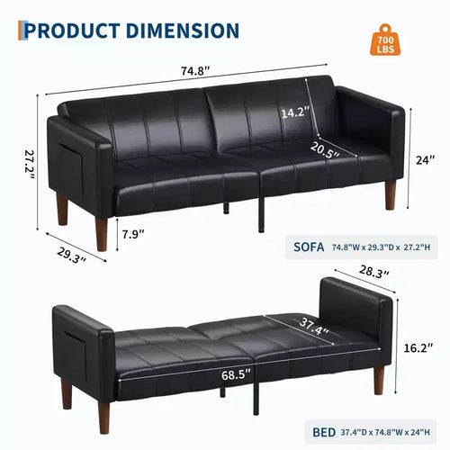 Canapé-lit futon 75 en cuir PU, causeuse convertible, dossier réglable, poches latérales, canapé-lit peu encombrant