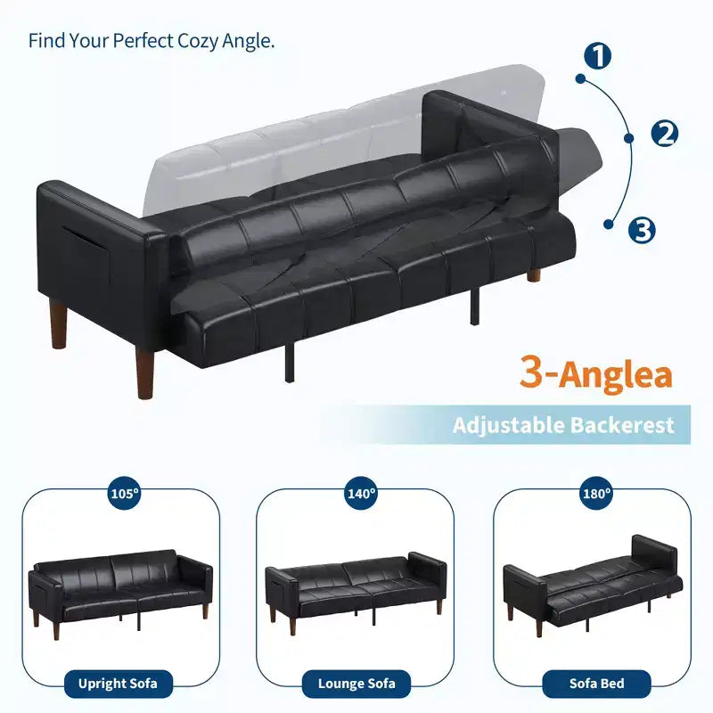75 PU Leather Futon Sofa Bed,Convertible Loveseat, Adjustable Backrest, Side Pockets, Space-Saving Sleeper Sofa