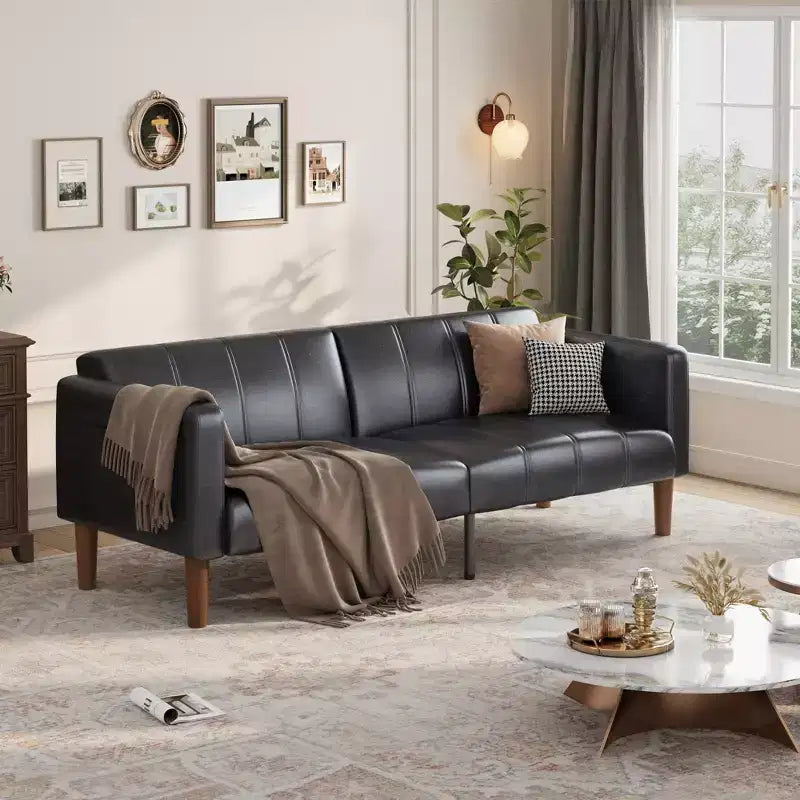 75 PU Leather Futon Sofa Bed,Convertible Loveseat, Adjustable Backrest, Side Pockets, Space-Saving Sleeper Sofa