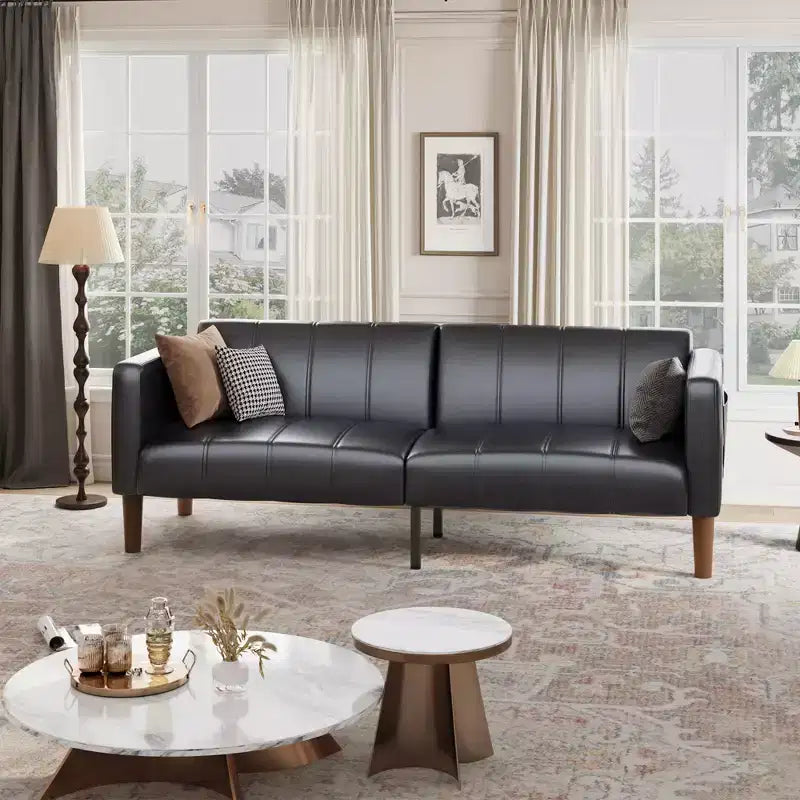 75 PU Leather Futon Sofa Bed,Convertible Loveseat, Adjustable Backrest, Side Pockets, Space-Saving Sleeper Sofa