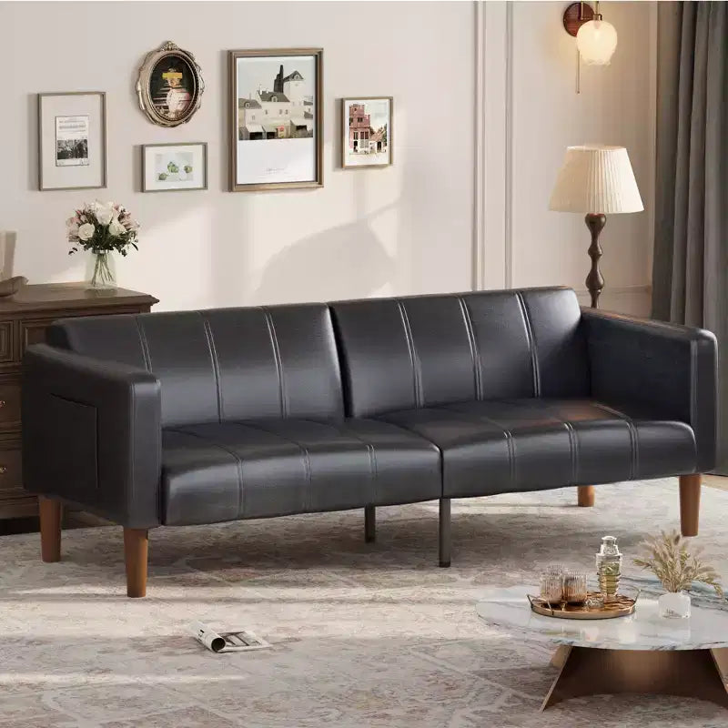 75 PU Leather Futon Sofa Bed,Convertible Loveseat, Adjustable Backrest, Side Pockets, Space-Saving Sleeper Sofa