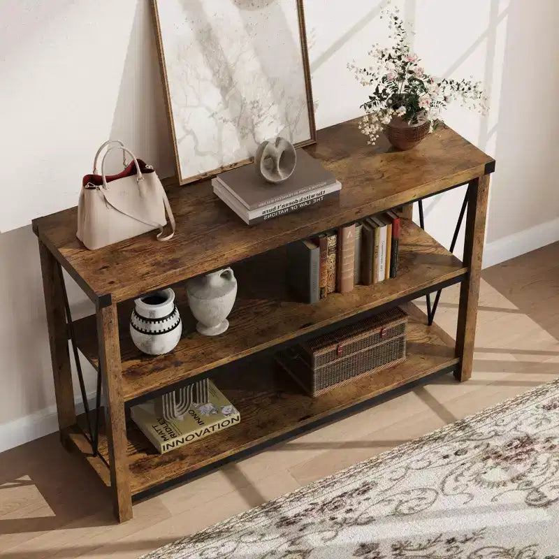 GustoWave 47 Narrow Long Console Table with Storage, 3 Tier Wood Console Table, Farmhouse Entryway Table