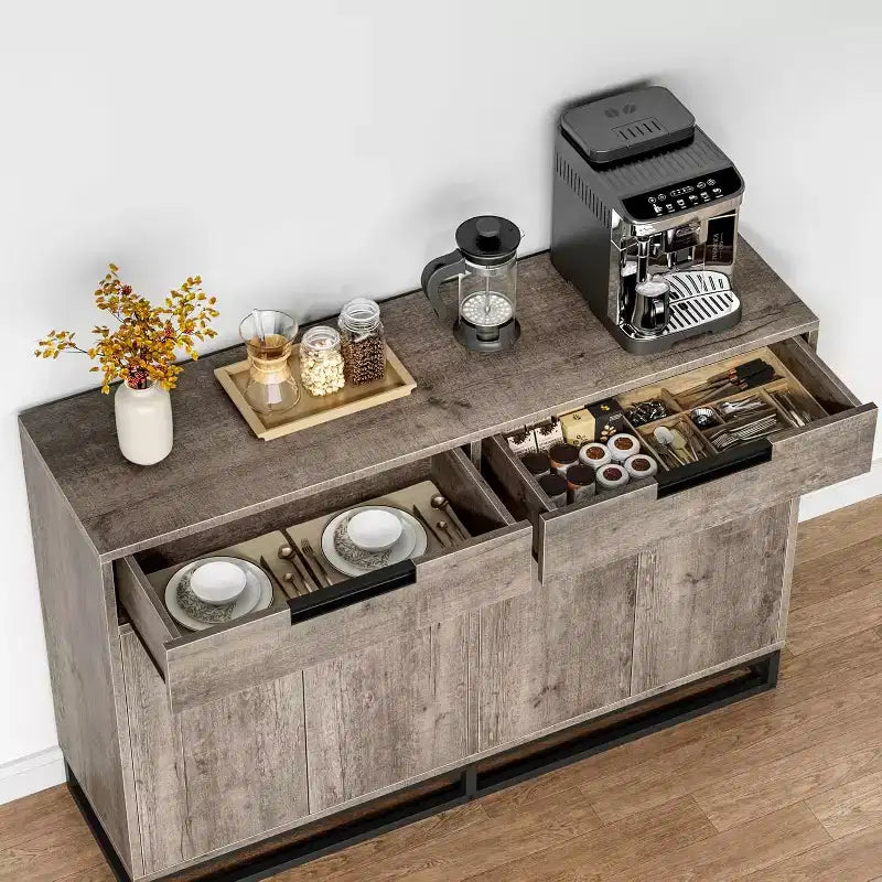 55 Inch Buffet Kitchen Cabinet, Large, Modern sideboard with 2 drawers and 4 Doors, Bar Buffet Table for Kitchen and Dining Room