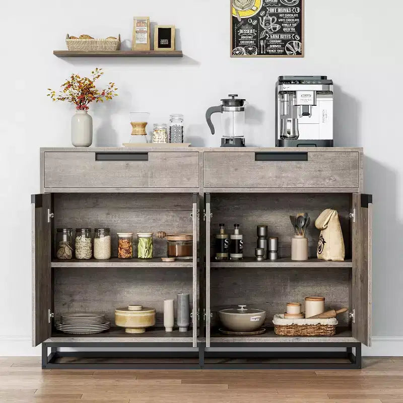 55 Inch Buffet Kitchen Cabinet, Large, Modern sideboard with 2 drawers and 4 Doors, Bar Buffet Table for Kitchen and Dining Room