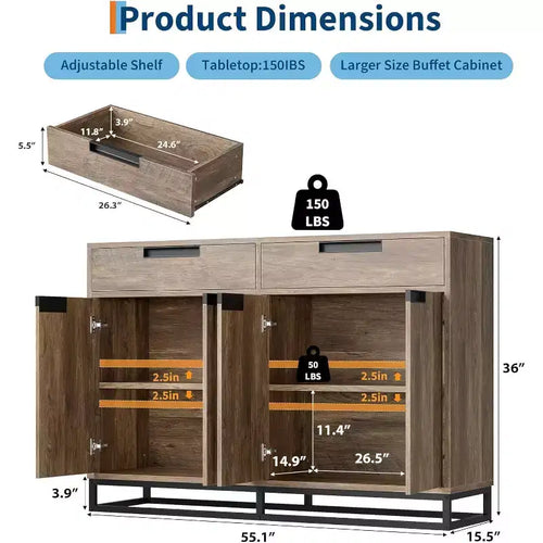 Buffet de cuisine de 140 cm, grand, moderne avec 2 tiroirs et 4 portes, Table de buffet/bar pour cuisine et salle à manger