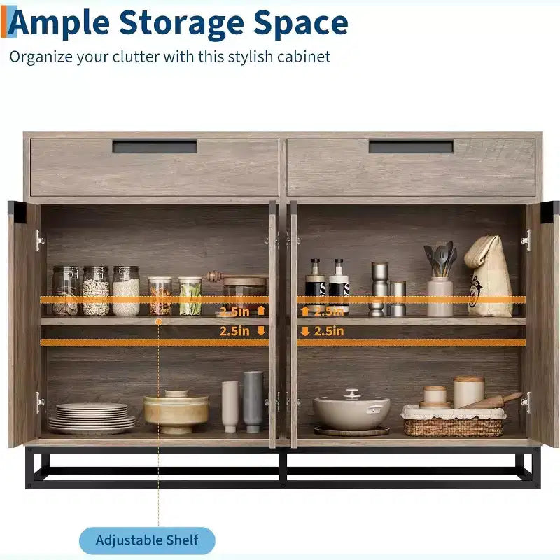 55 Inch Buffet Kitchen Cabinet, Large, Modern sideboard with 2 drawers and 4 Doors, Bar Buffet Table for Kitchen and Dining Room