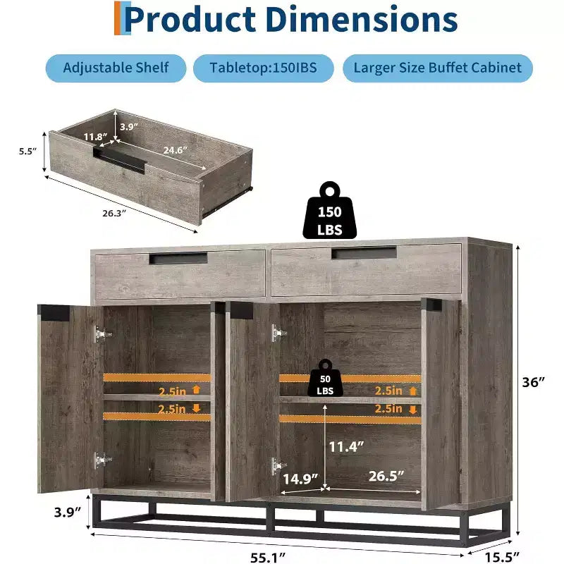 55 Inch Buffet Kitchen Cabinet, Large, Modern sideboard with 2 drawers and 4 Doors, Bar Buffet Table for Kitchen and Dining Room