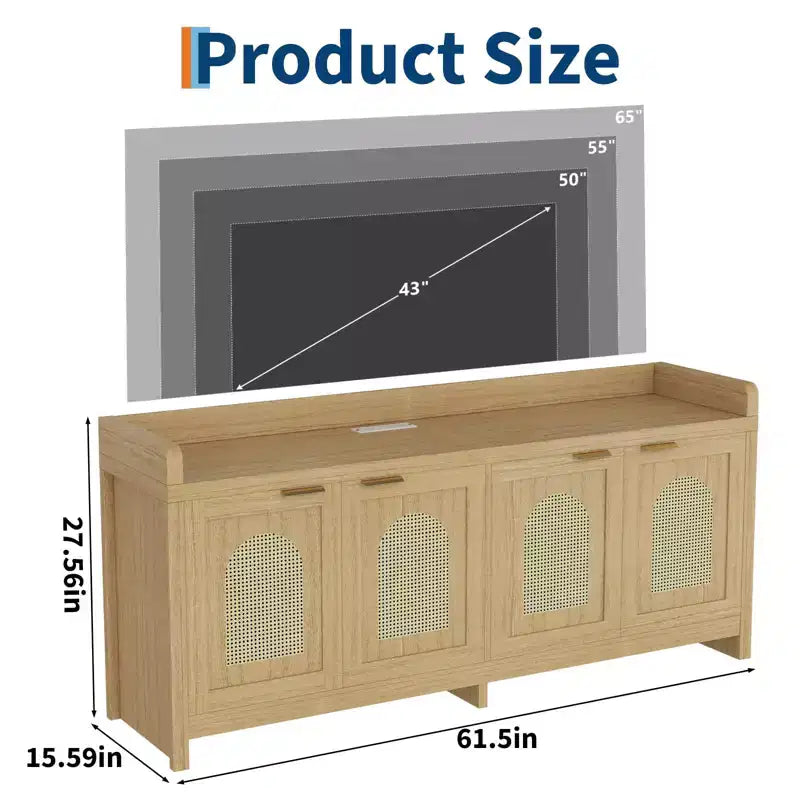 Natural Rattan TV Stand for 65 Inch TV, 61.5 Entertainment Center with Glass Doors, Storage Cabinet