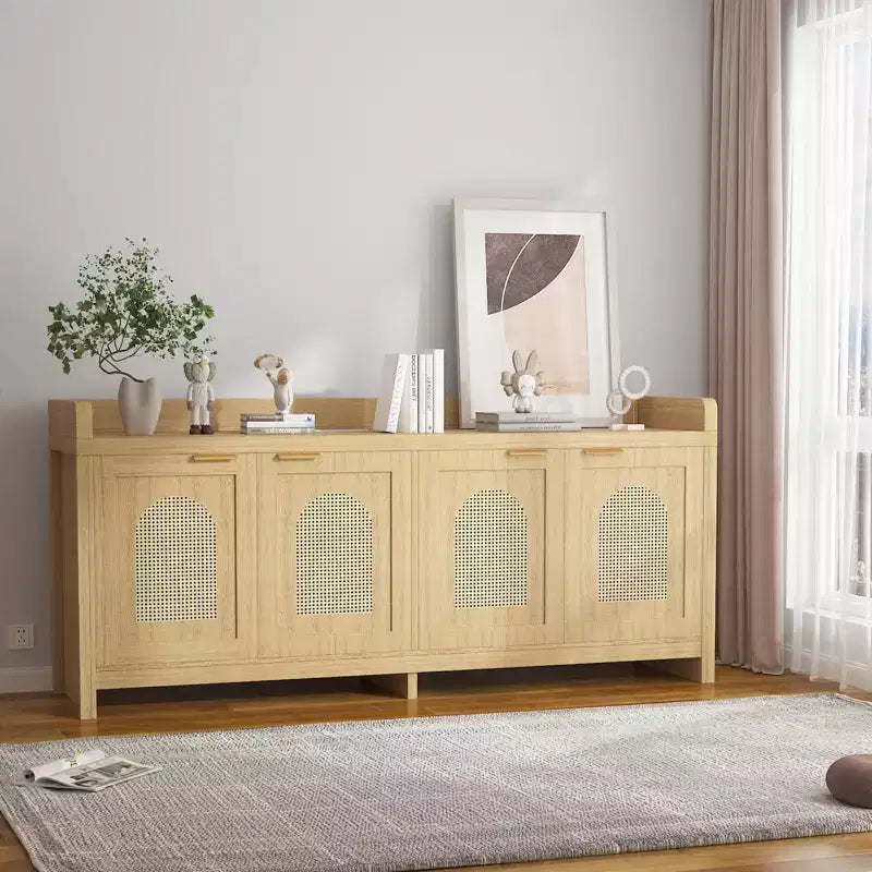 Natural Rattan TV Stand for 65 Inch TV, 61.5 Entertainment Center with Glass Doors, Storage Cabinet